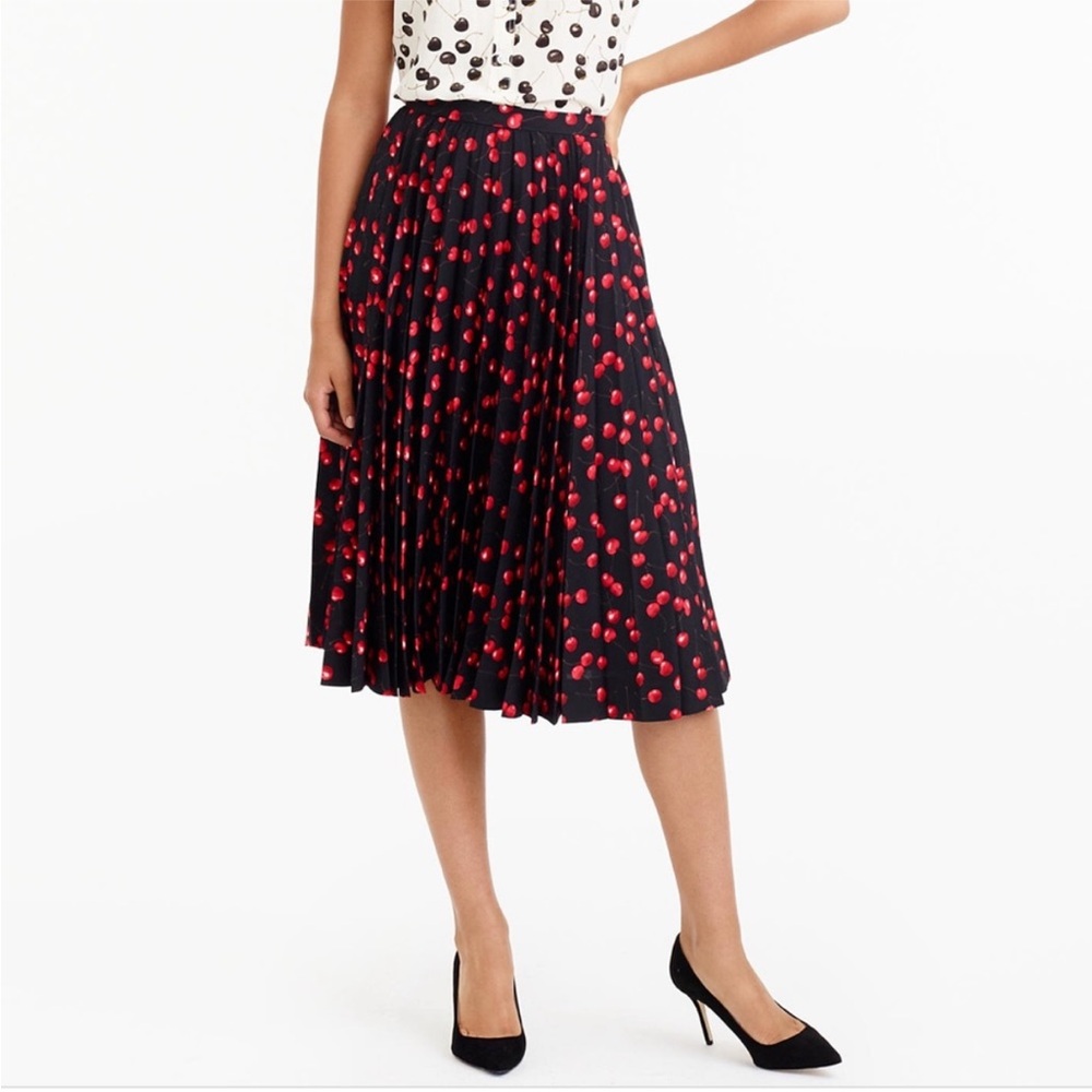 J. Crew Pleated Black Skirt with Red Cherry Print